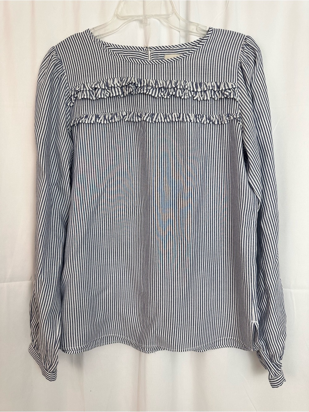 LOFT Blue and White Striped Modal Ruffle Yoke Blouse Long Sleeve -size XS